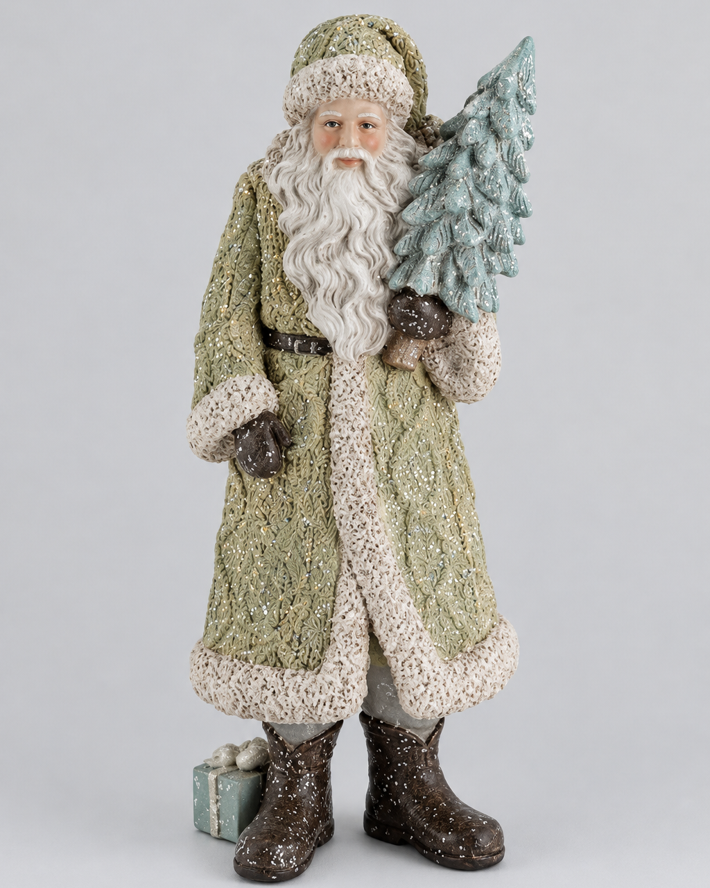 Glittered Resin Santa in Olive Green Coat