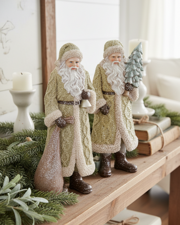 Glittered Resin Santa in Olive Green Coat