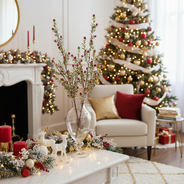 Glittered Snowy Red Berry Leaf Stem 30"