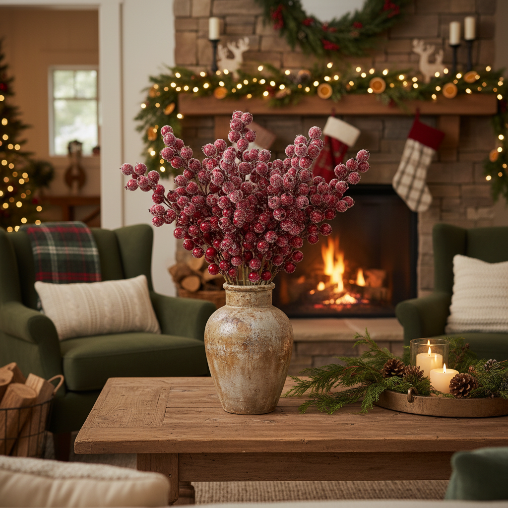 Red Crackle Glitter Rosehip Stem 24"