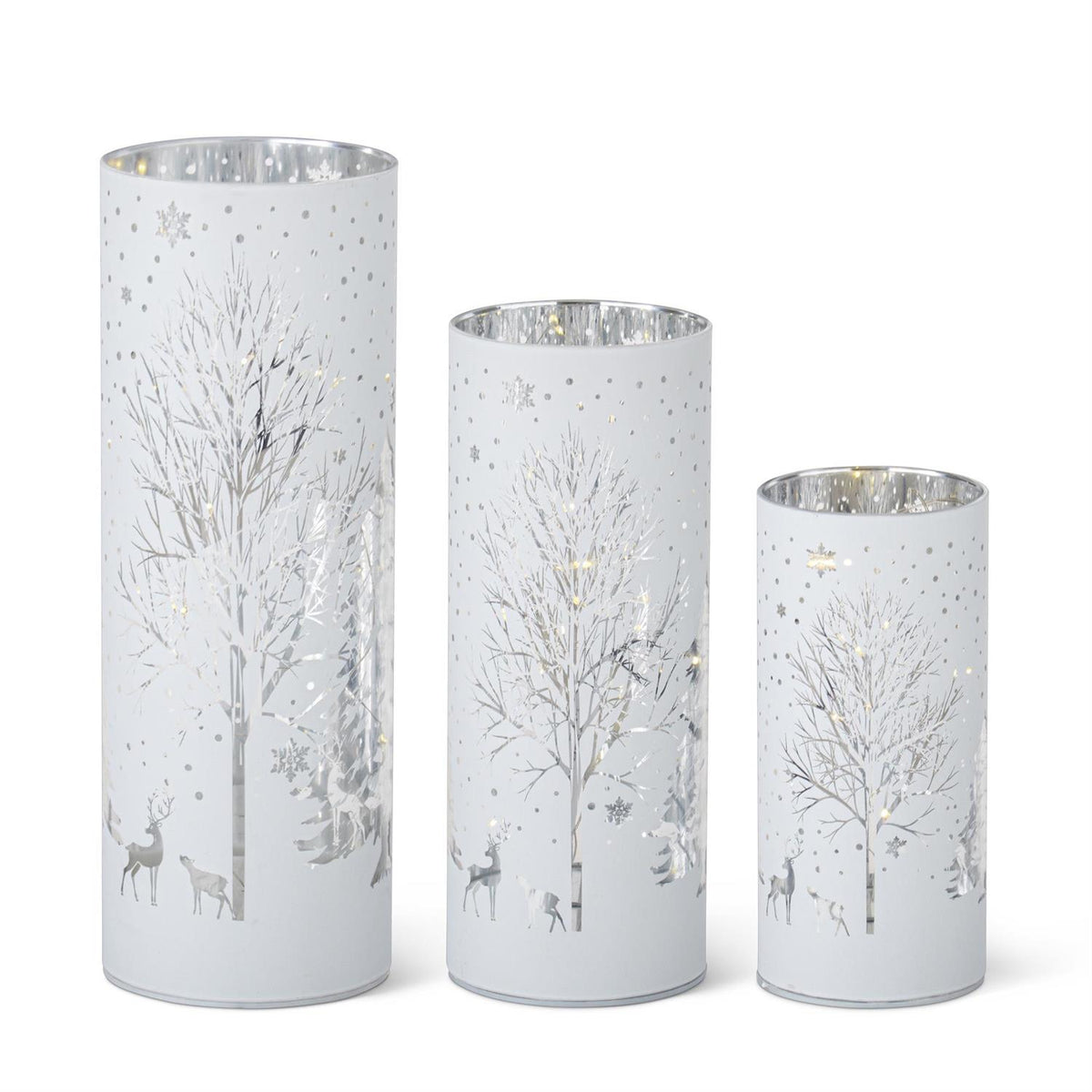 Rotating White Laser Engraved Winter Scene LED Cylinder