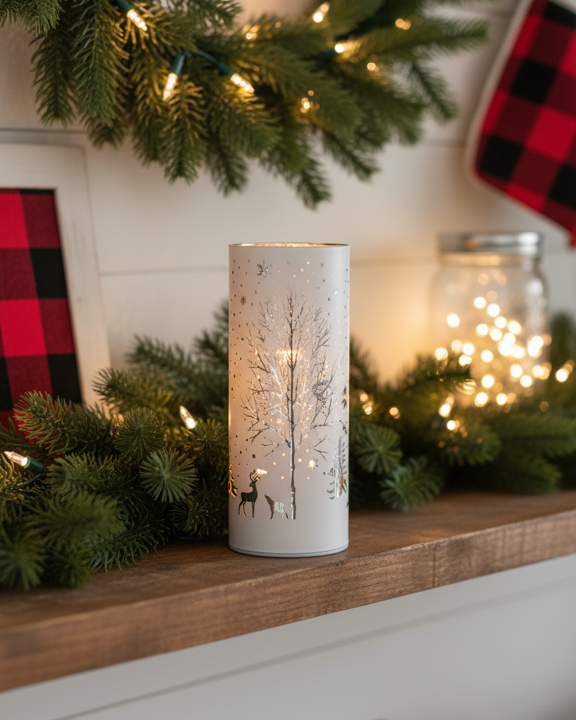 Rotating White Laser Engraved Winter Scene LED Cylinder