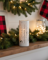 Rotating White Laser Engraved Winter Scene LED Cylinder