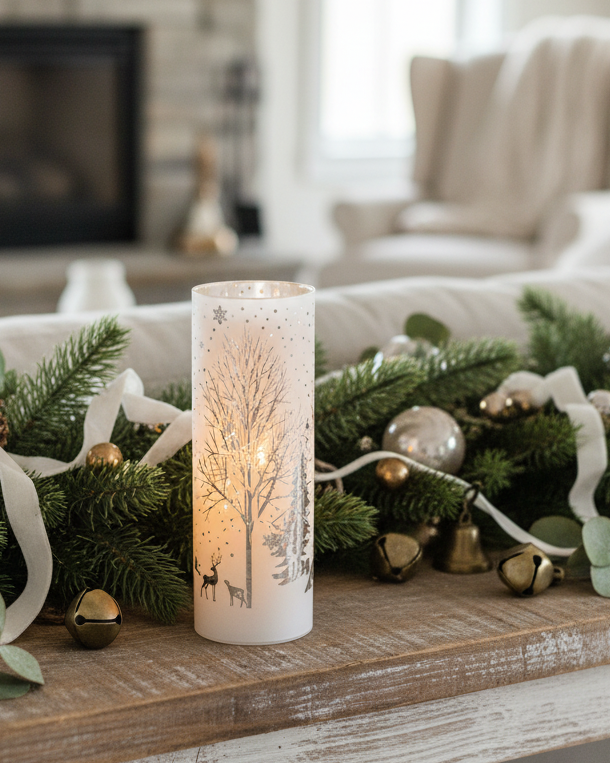 Rotating White Laser Engraved Winter Scene LED Cylinder