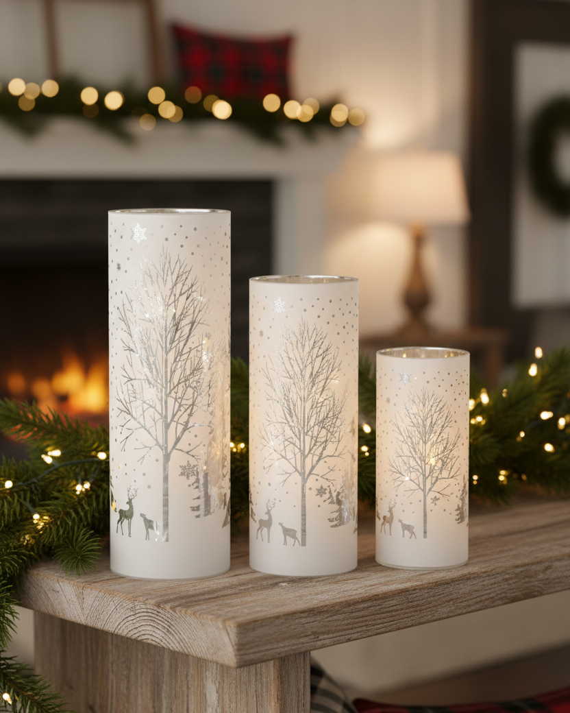 Rotating White Laser Engraved Winter Scene LED Cylinder