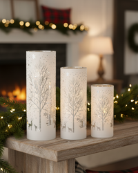 Rotating White Laser Engraved Winter Scene LED Cylinder