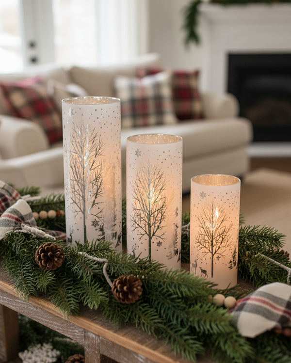 Rotating White Laser Engraved Winter Scene LED Cylinder