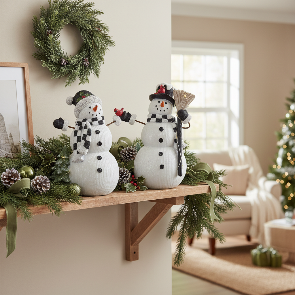 White Glittered Resin Woodgrain LED Snowman