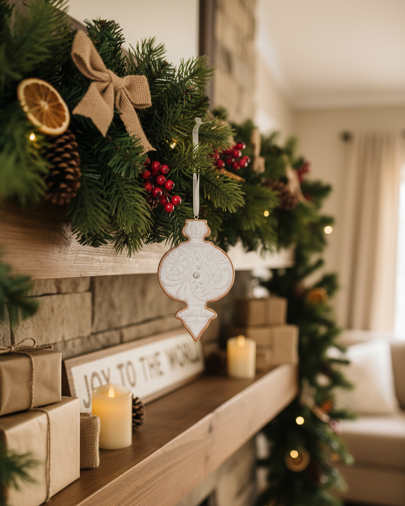White Glittered Gingerbread Ornament