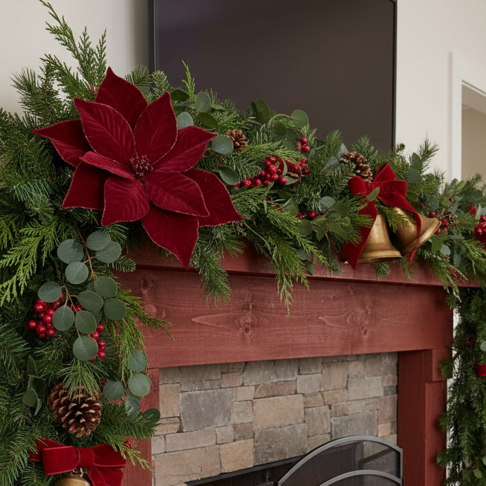 Large Red Velvet Poinsettia Stem 22"