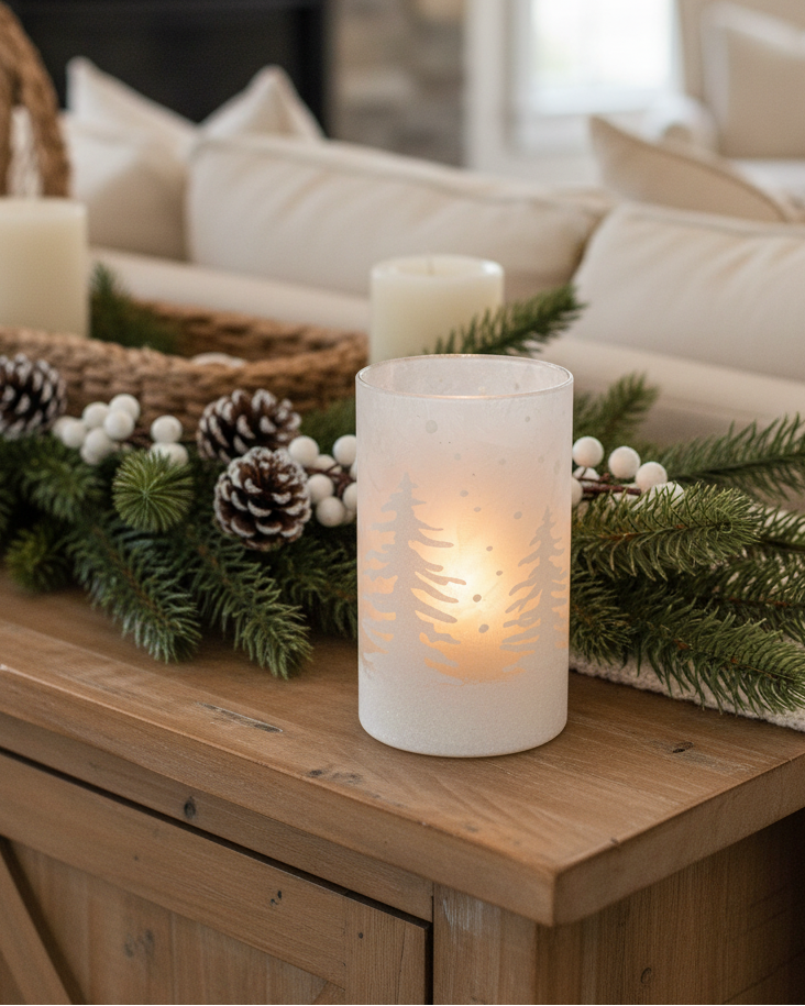 White Frosted Tree Glass Candle Holder