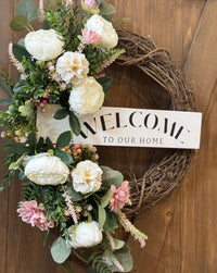 Welcome to Our Home White Peony and Pink Dahlia Wreath