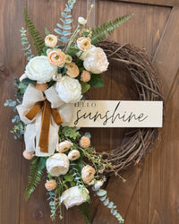 Hello Sunshine White Peony and Peach Ranunculus Wreath