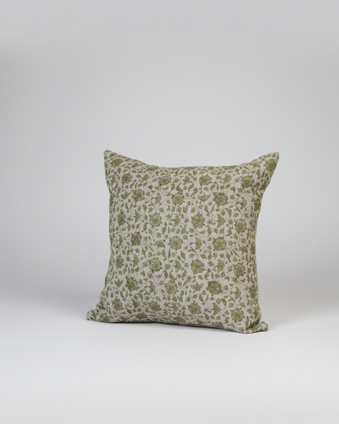 Olive Green Hand Block Flowers Cotton Block Throw Pillow