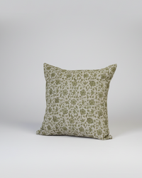 Olive Green Hand Block Flowers Cotton Block Throw Pillow