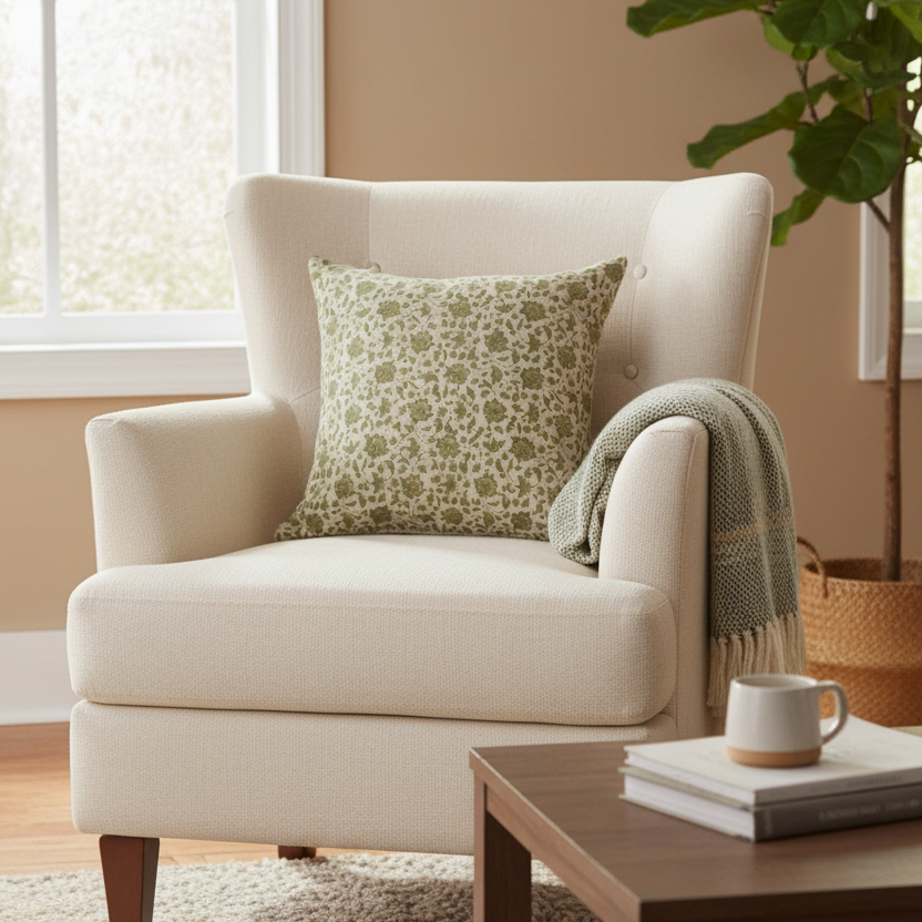 Olive Green Hand Block Flowers Cotton Block Throw Pillow