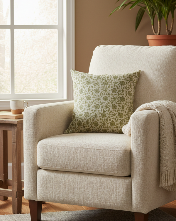 Olive Green Hand Block Flowers Cotton Block Throw Pillow