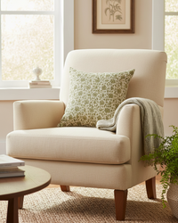 Olive Green Hand Block Flowers Cotton Block Throw Pillow