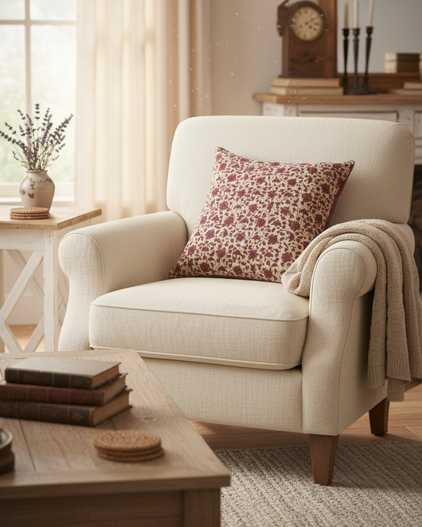 Deep Plum and Beige Cotton Block Throw Pillow