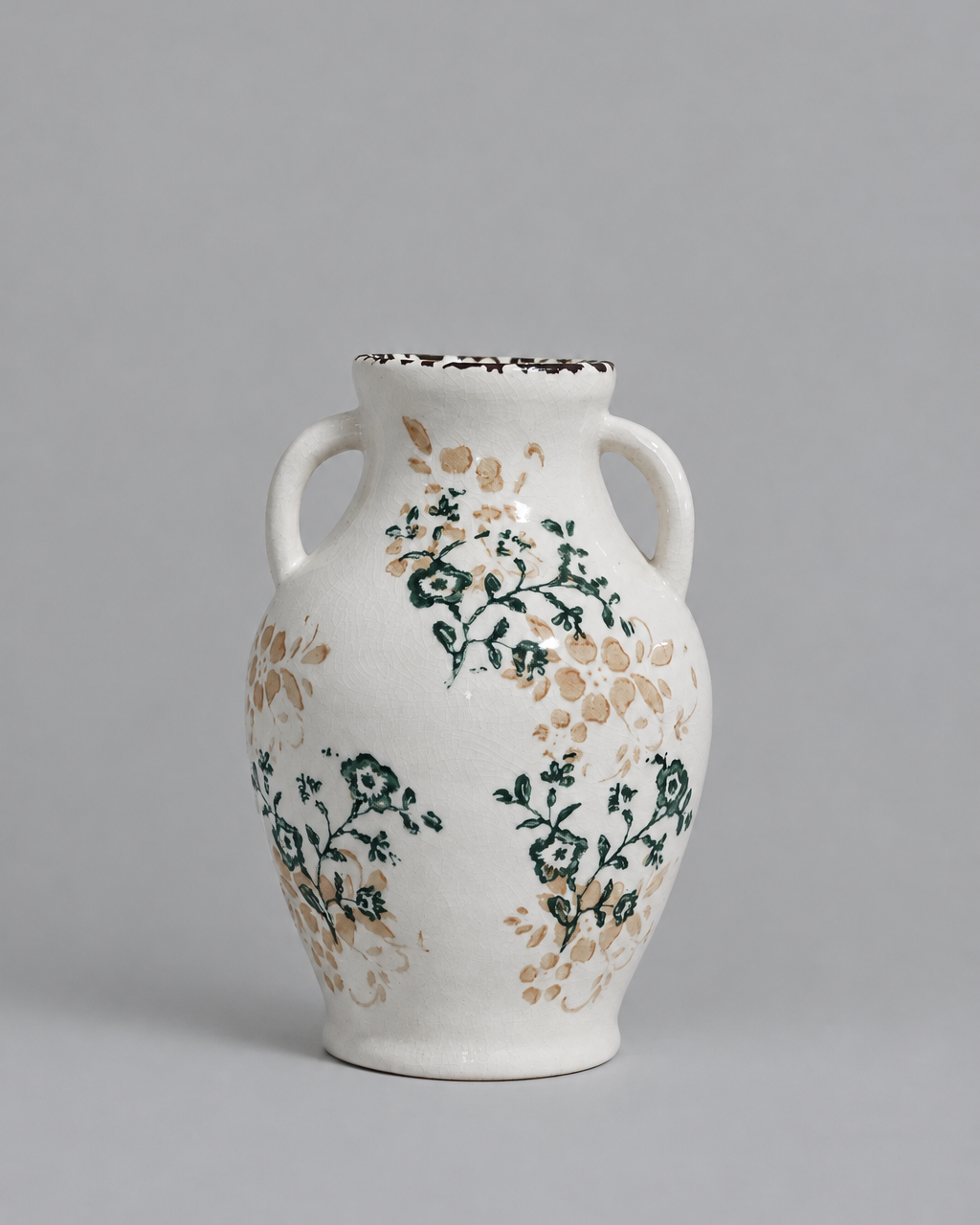Beige and Green Flower Crackle Stoneware Vase With Handles