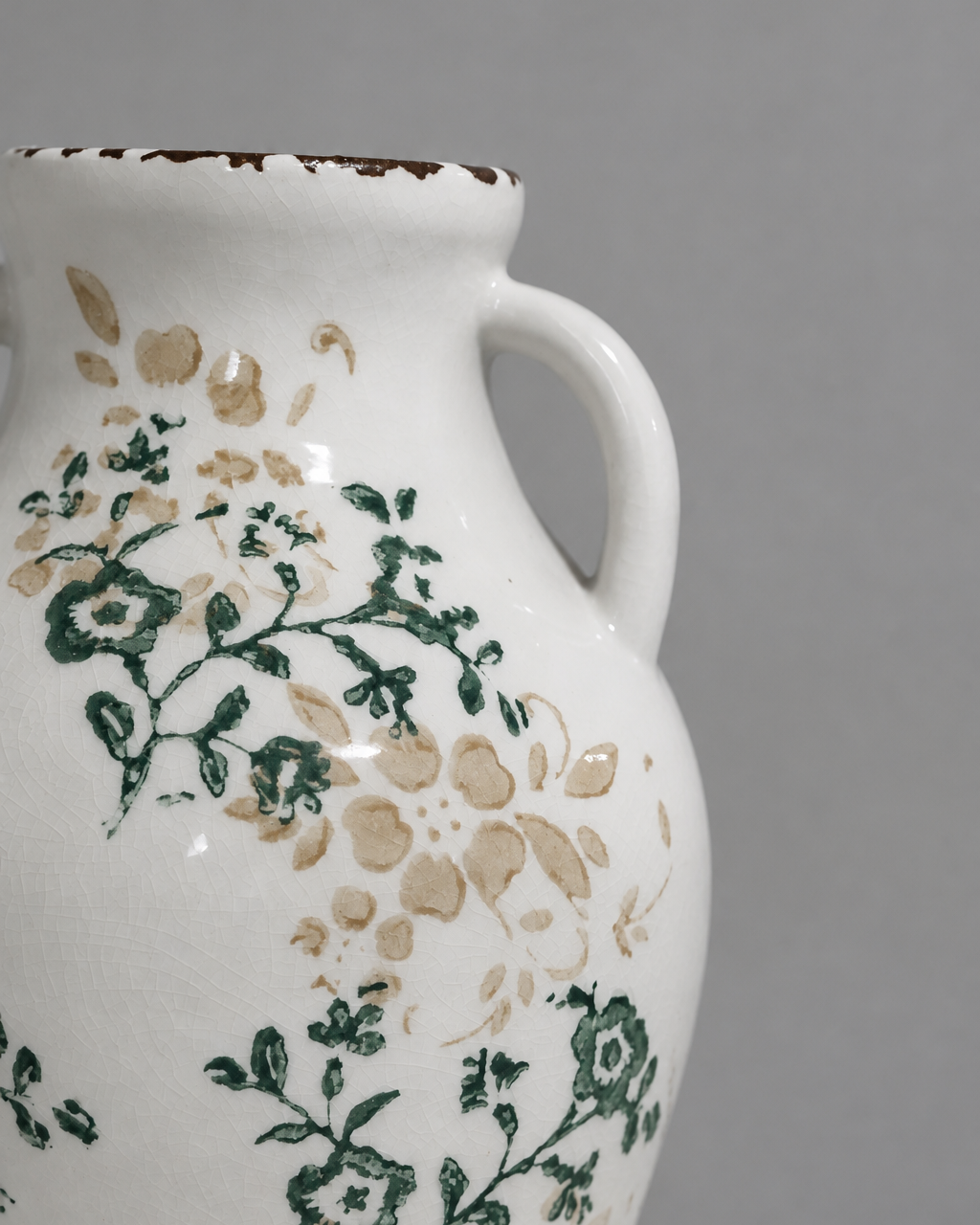 Beige and Green Flower Crackle Stoneware Vase With Handles