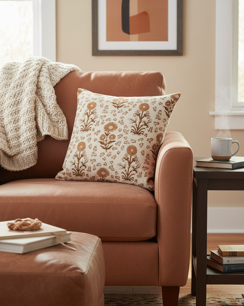 Multi-Dusty Rose Cotton Block Throw Pillow