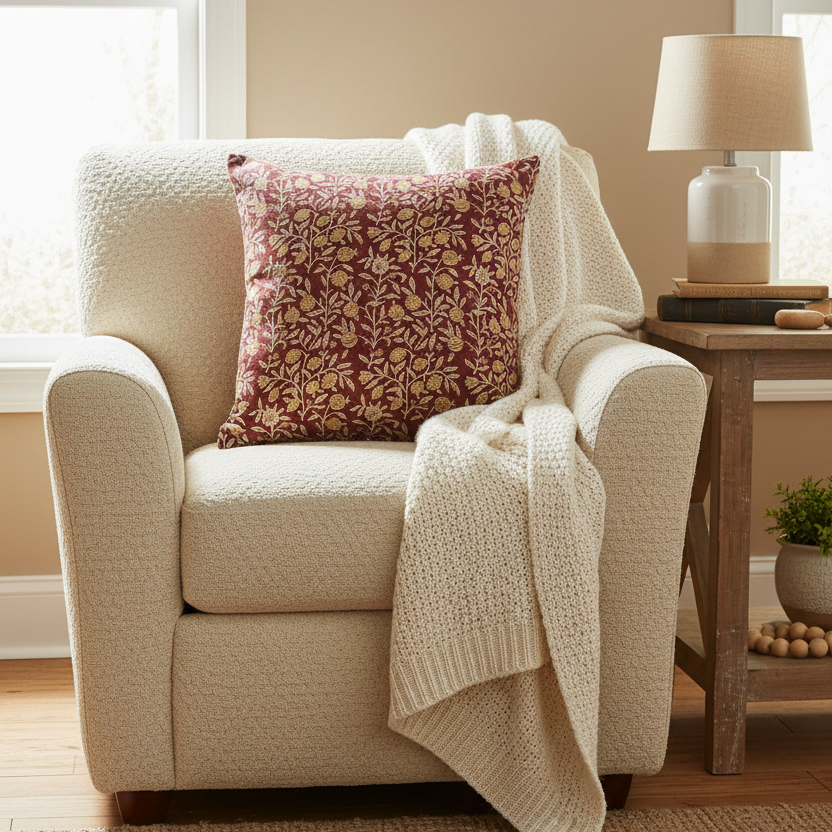 Bordoux and Ecru Cotton Block Throw Pillow