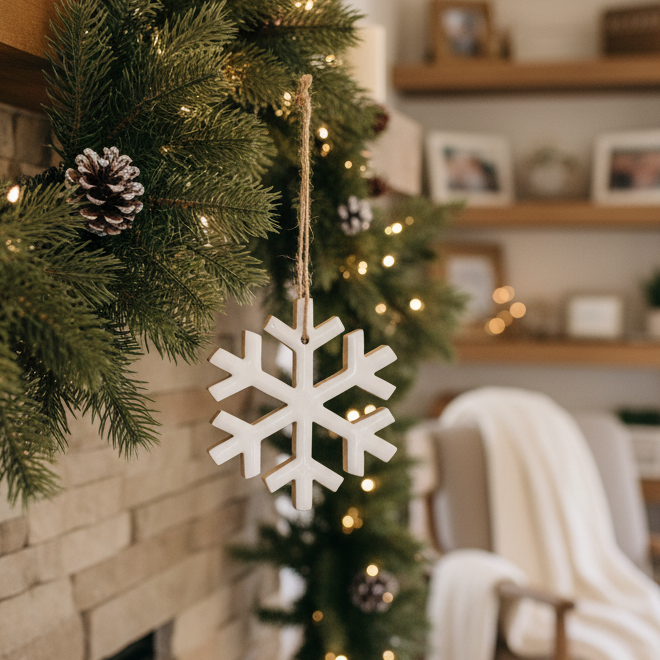 White Enamel Wood Snowflake Ornament