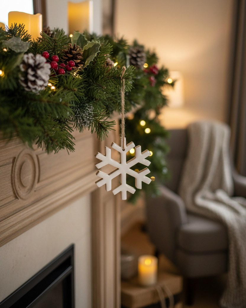 White Enamel Wood Snowflake Ornament