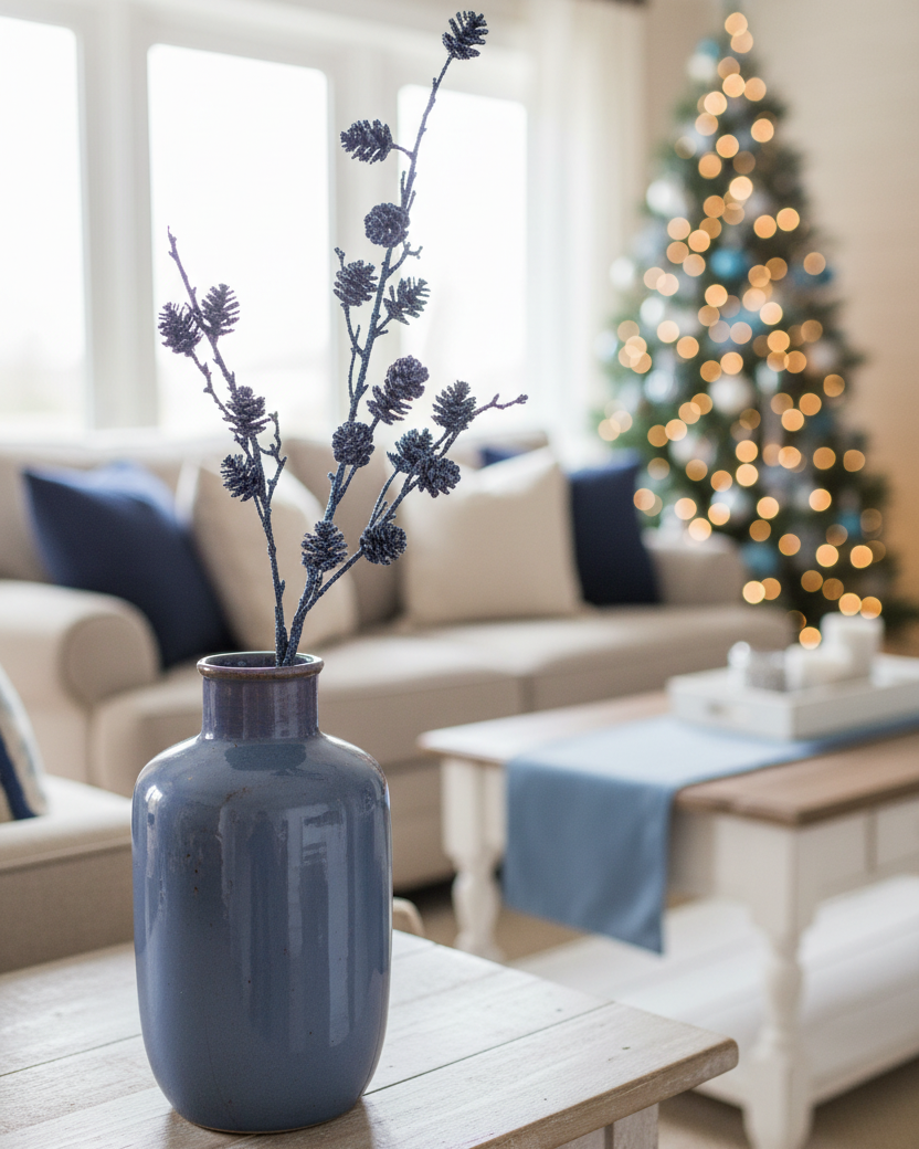 Blue Glittered Pinecone Spray 34"H