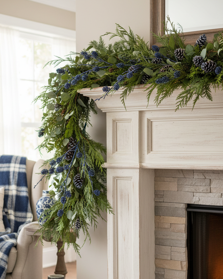 Blue Glittered Pinecone Spray 34"H