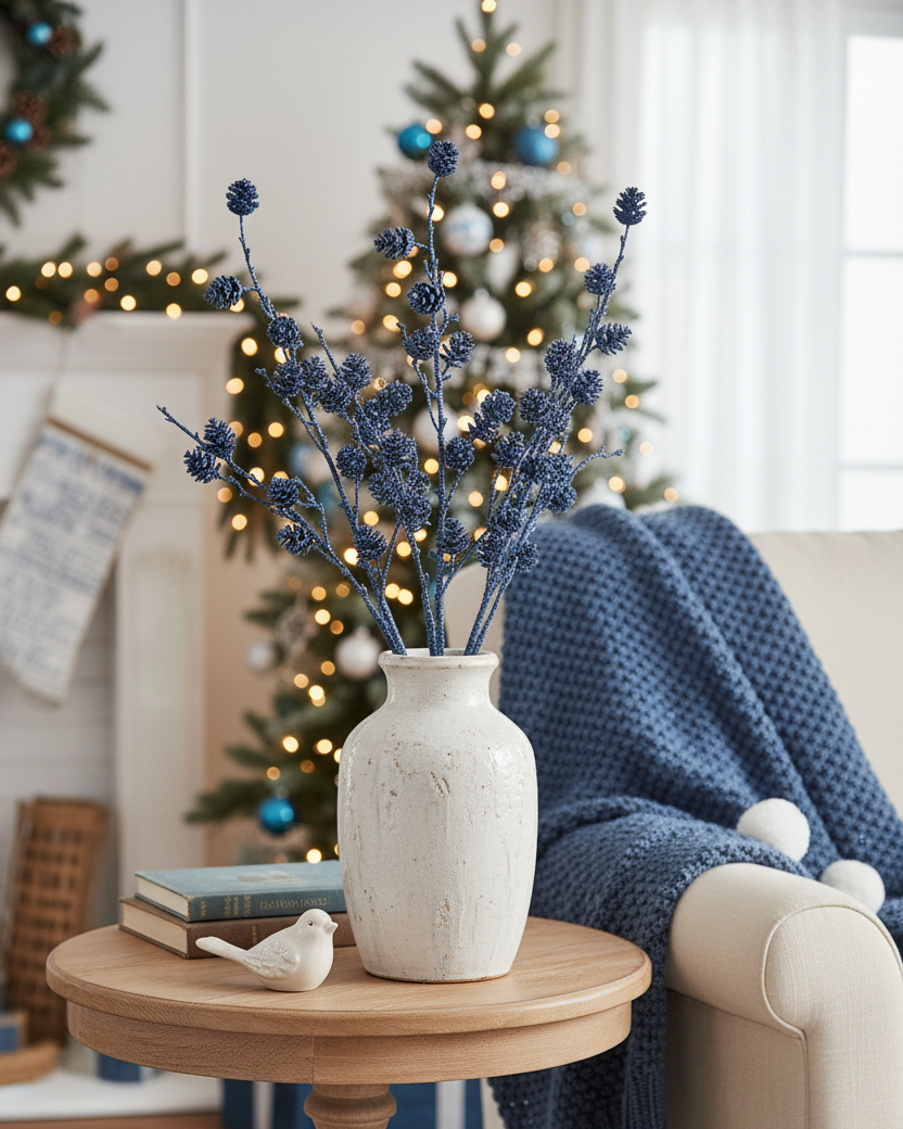 Blue Glittered Pinecone Spray 34"H