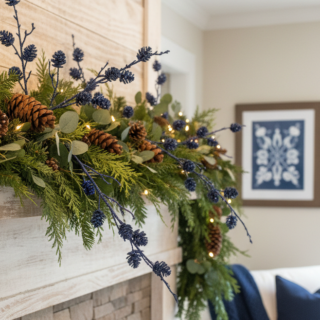 Blue Glittered Pinecone Spray 34"H