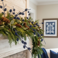 Blue Glittered Pinecone Spray 34"H