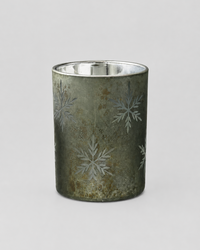 Antiqued Green and Snowflakes Glass Candle Holder