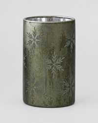 Antiqued Green and Snowflakes Glass Candle Holder