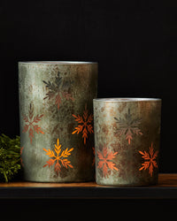 Antiqued Green and Snowflakes Glass Candle Holder