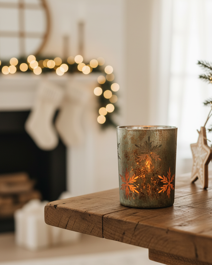 Antiqued Green and Snowflakes Glass Candle Holder