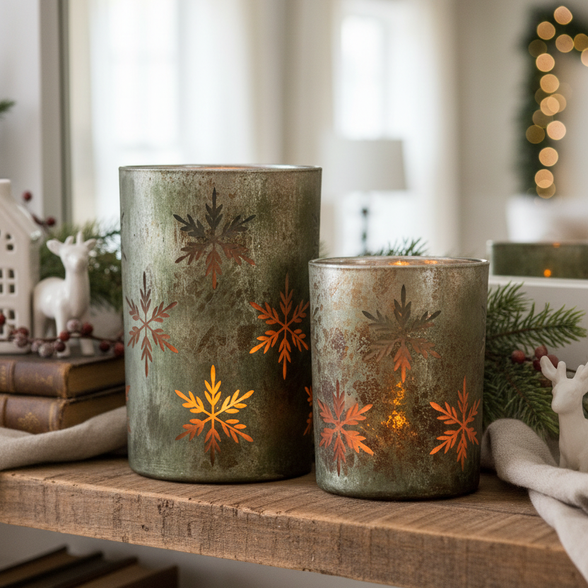 Antiqued Green and Snowflakes Glass Candle Holder