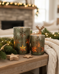 Antiqued Green and Snowflakes Glass Candle Holder