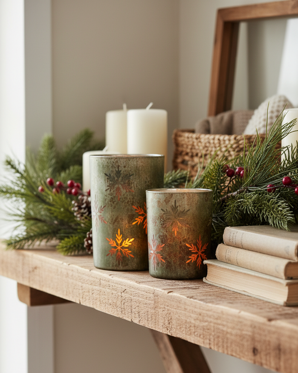 Antiqued Green and Snowflakes Glass Candle Holder