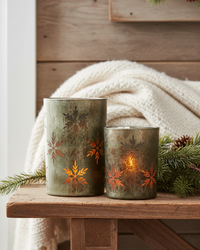 Antiqued Green and Snowflakes Glass Candle Holder