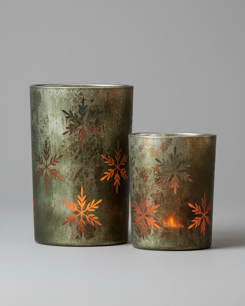 Antiqued Green and Snowflakes Glass Candle Holder