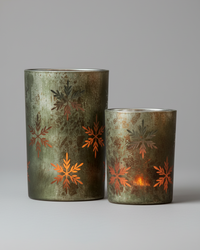 Antiqued Green and Snowflakes Glass Candle Holder