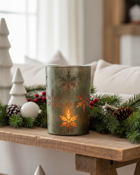 Antiqued Green and Snowflakes Glass Candle Holder