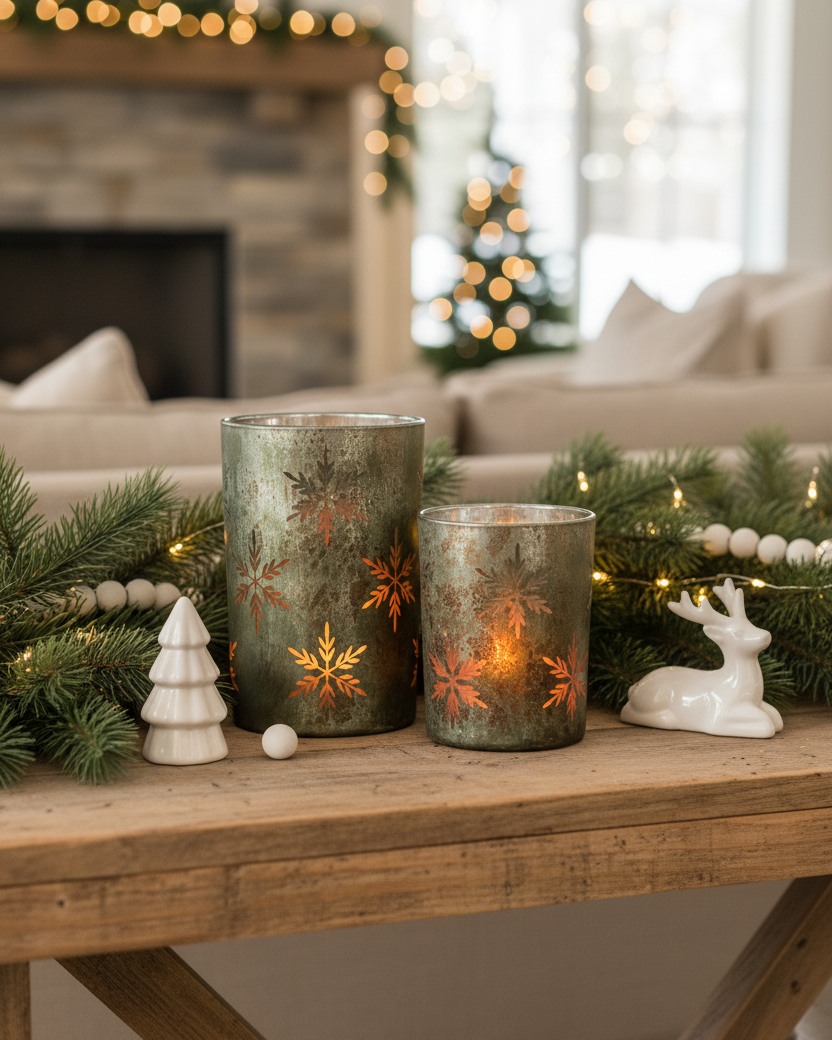 Antiqued Green and Snowflakes Glass Candle Holder
