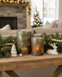 Antiqued Green and Snowflakes Glass Candle Holder