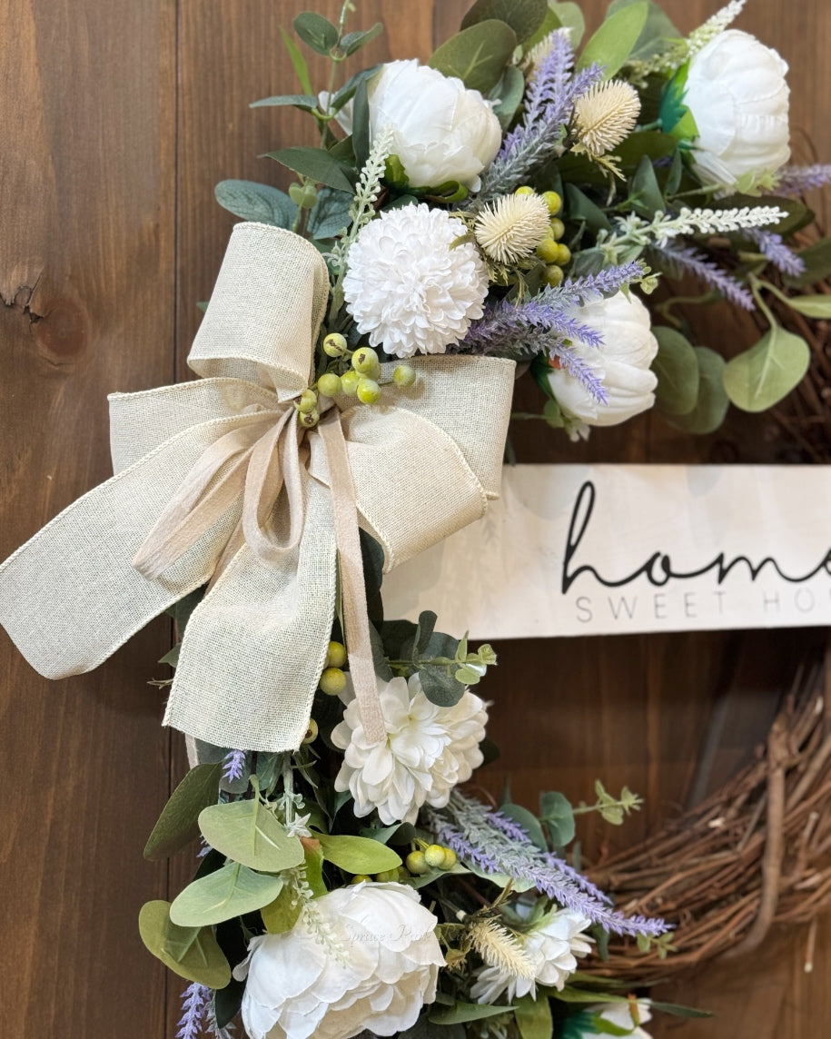 Home Sweet Home White Peony and Green Berry Wreath