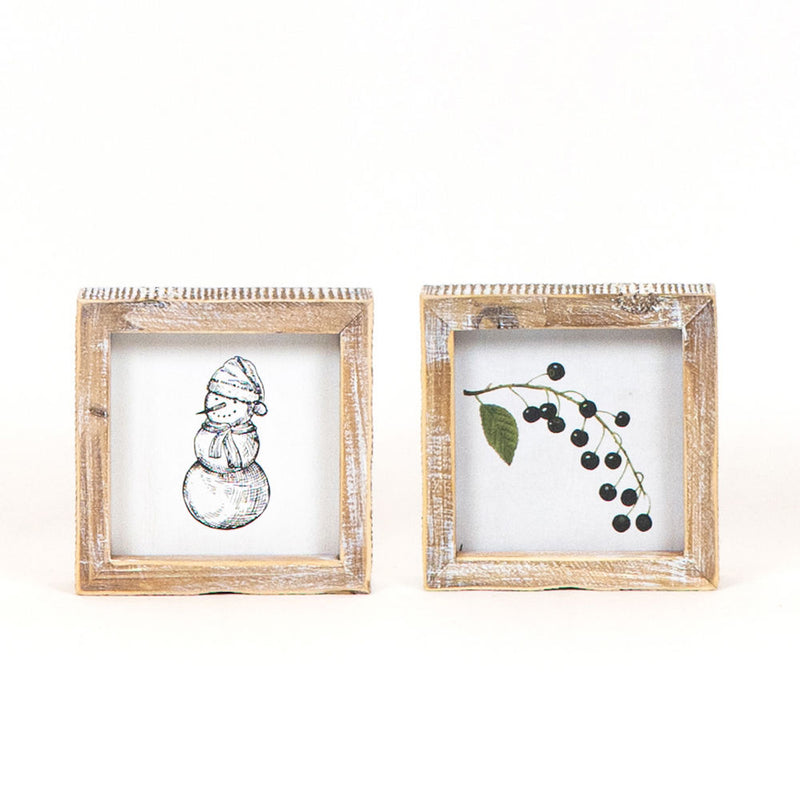 Reversible Snowman and Blueberry Branch Wood Sign