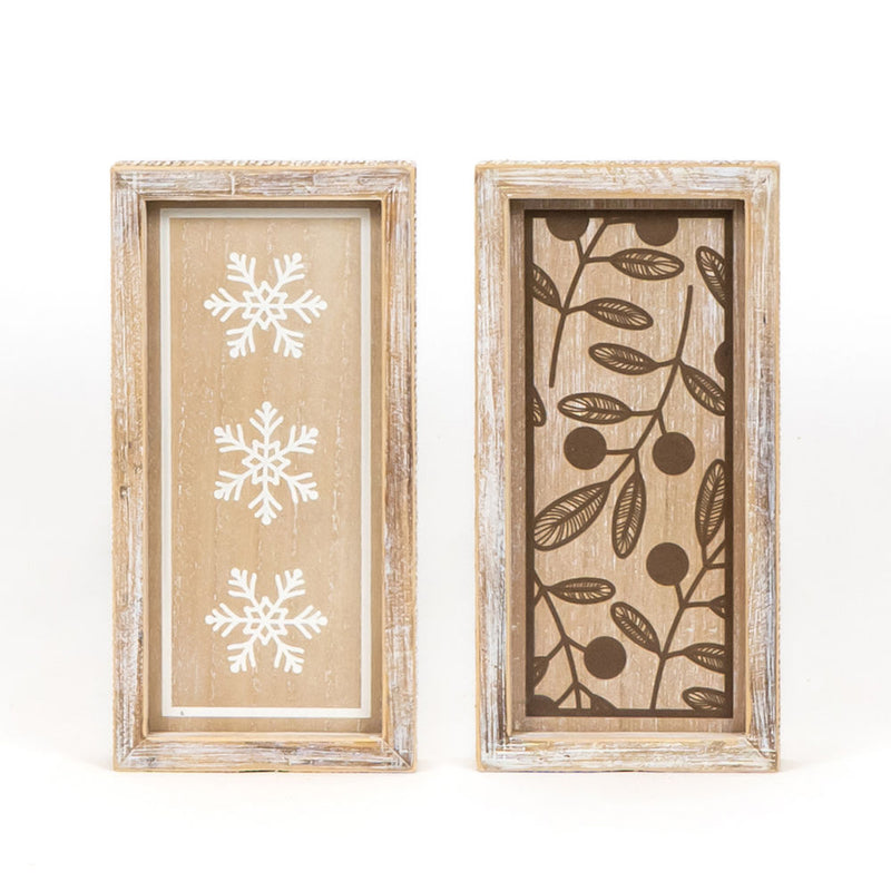 Reversible Natural Snowflakes and Leaf Stems Wood Sign